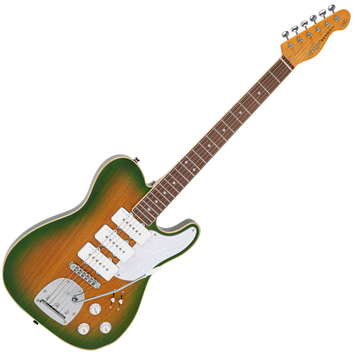 ギター Vintage guitarsREVO Series 'Trio' Vintage REVO Series Trio Electric Guitar ~ Green/Yellow Burst
