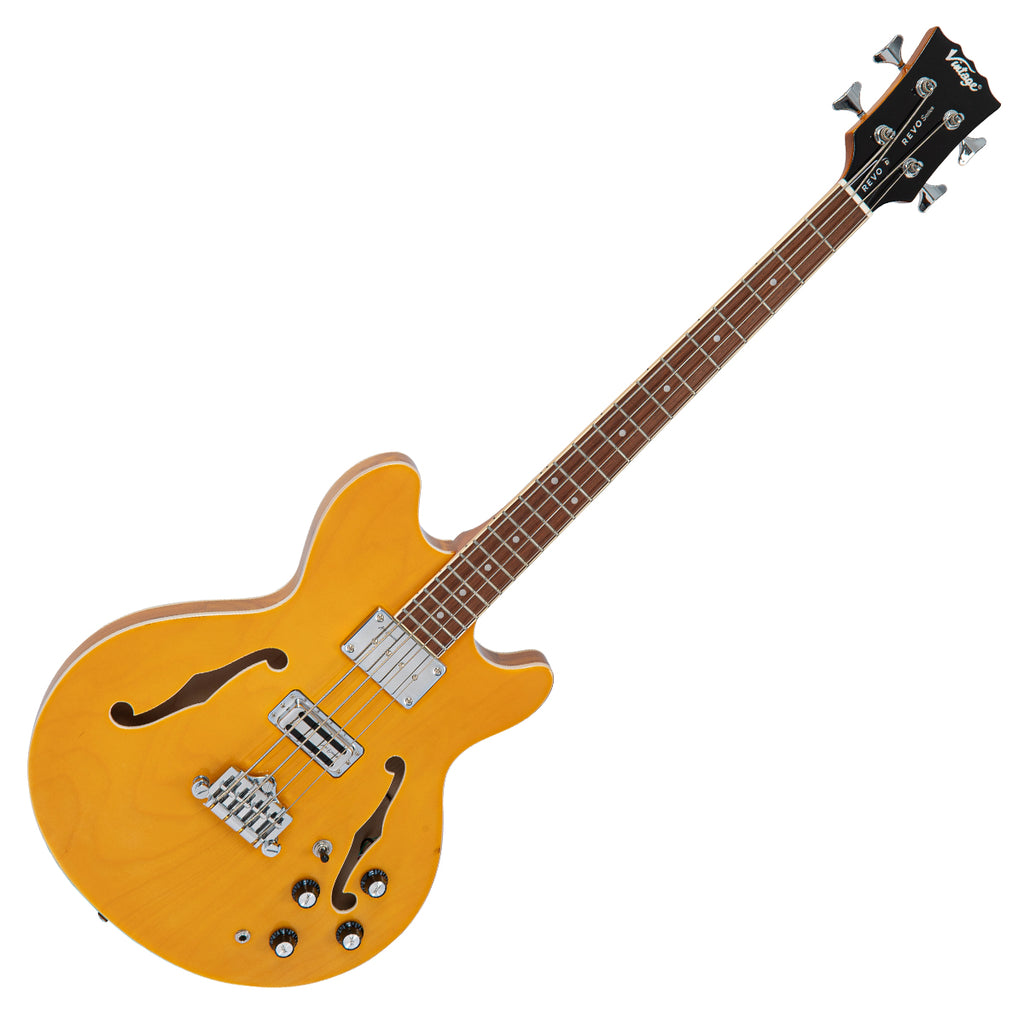 Vintage REVO Series 'Supreme' Semi-Acoustic Bass Guitar ~ Natural