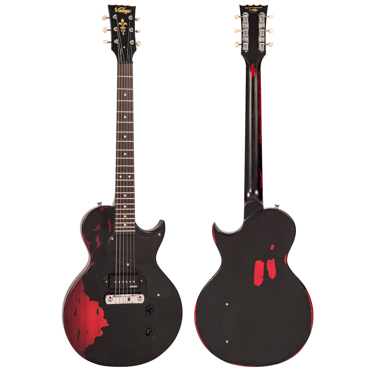 Vintage V120 ICON Electric Guitar ~ Distressed Black Over Cherry