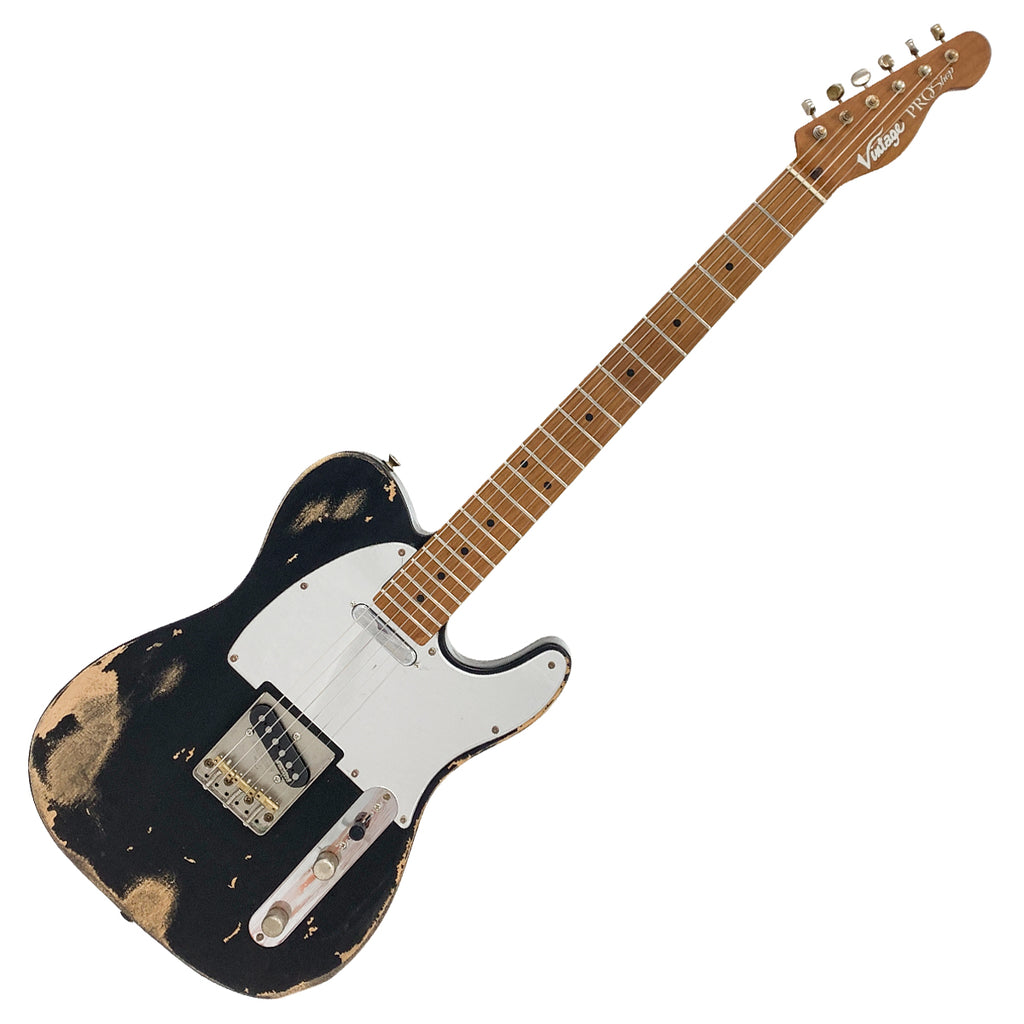 Heavy Distressed Matte Black with Roasted Maple Neck and Mirrored Scratchplate Vintage V52 ProShop Unique Electric Guitar