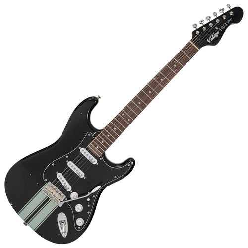 Black with Metallic Blue Racing Stripe Vintage V6 ProShop Custom-Build Electric Guitar