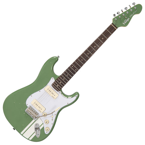 Jeep Green with White Racing Stripe Vintage V6 ProShop Unique Electric Guitar