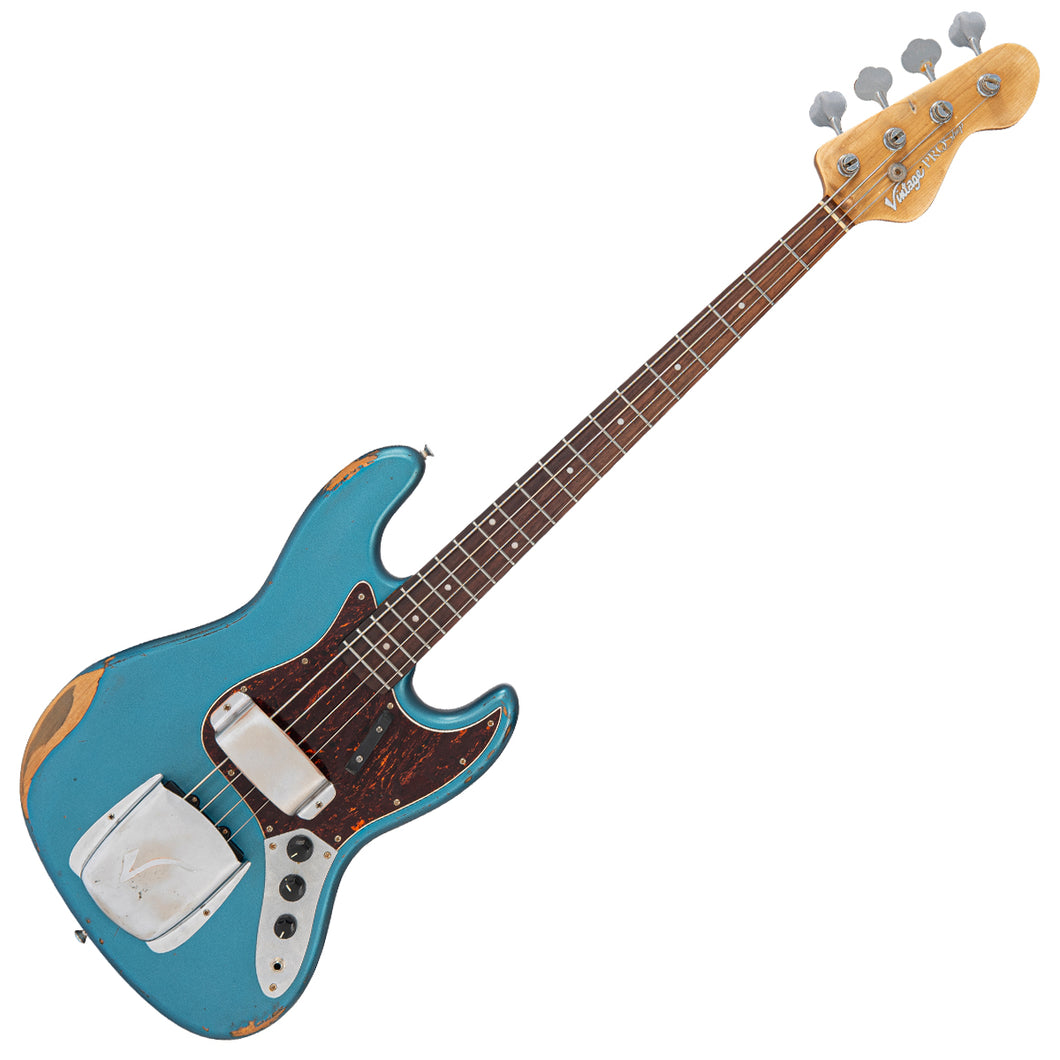 Vintage VJ74 ProShop Unique Bass Guitar ~ Distressed Metallic Blue