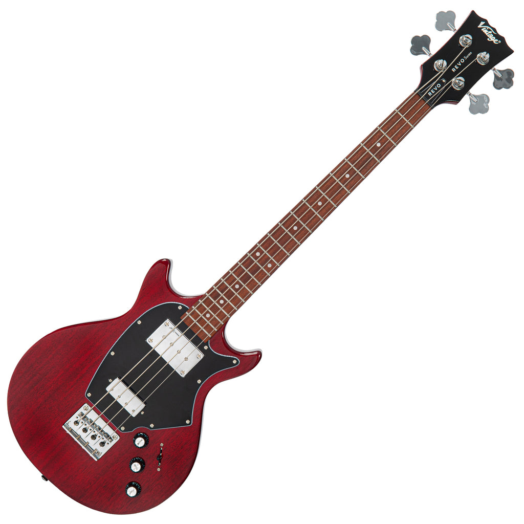 Vintage REVO Series 'Callan' Bass Guitar ~ See Thru Cherry Red