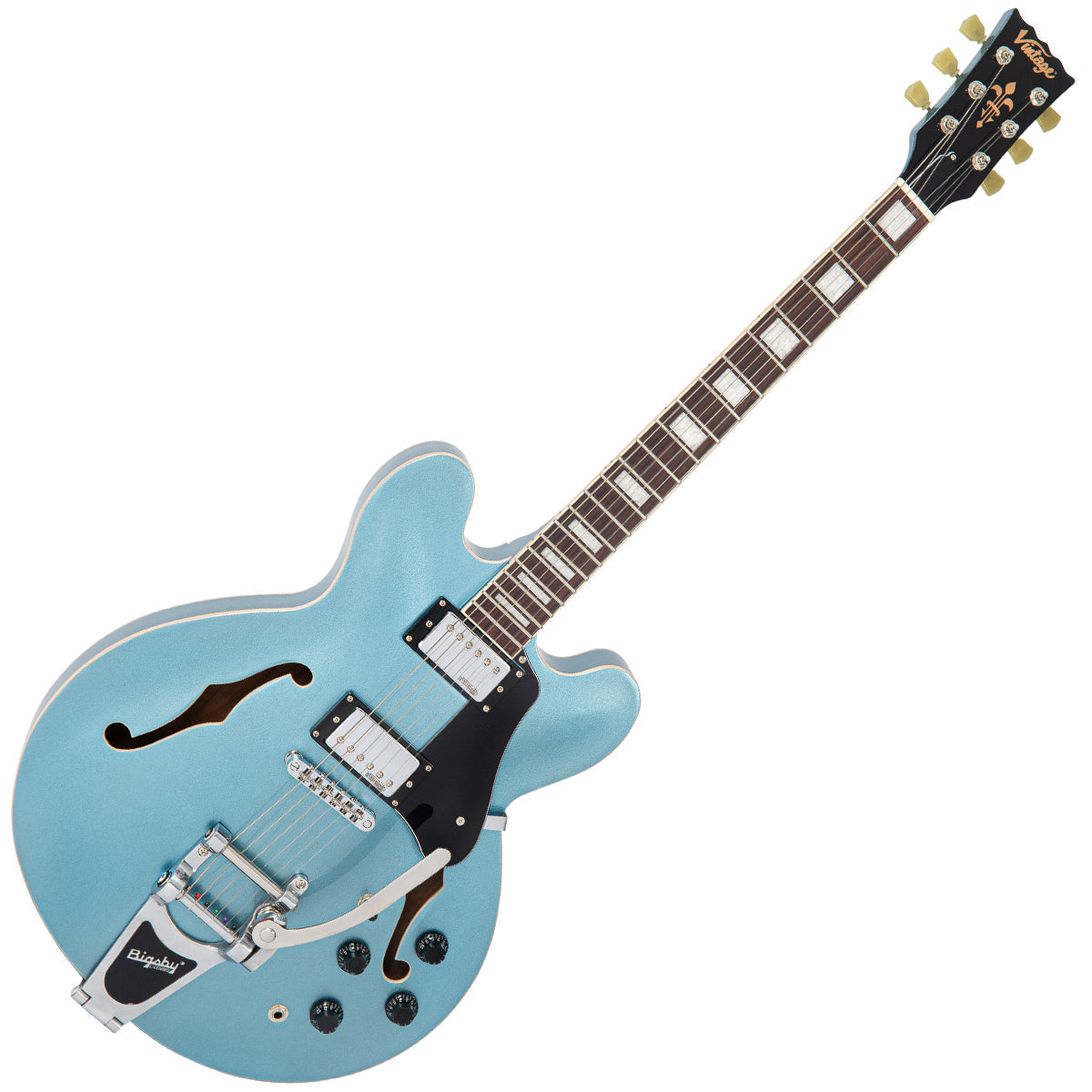Violão semi-acústico vintage VSA500B relançado com Bigsby ~ Gun Hill Blue